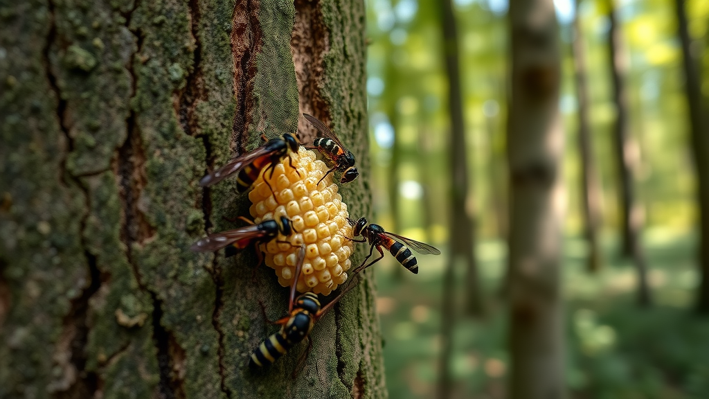 biological control of emerald ash borer with parasitoid wasps attacking larvae on infested ash tree trunk