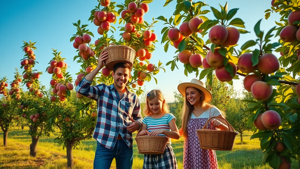 thriving fruit trees loaded with ripe fruit, family harvesting apples and peaches, healthy home orchard, golden hour, tree care