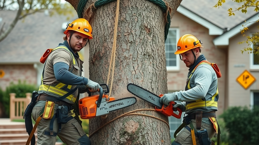 Professional arborist Kansas City - dynamic tree removal process, arborists in safety gear near Kansas City home, sawdust in the air, safety signs visible