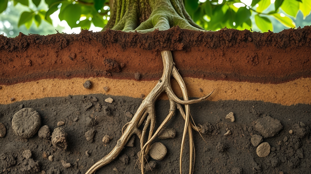 Kansas City tree root system visible in healthy, nutrient-rich soil cross-section, roots absorbing nutrients, scientific photorealistic details