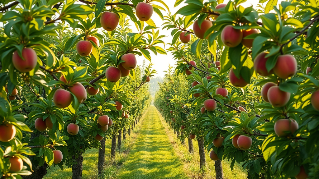 lush orchard of fruit trees, healthy and vibrant, trees bursting with leaves and fruit, morning sunlight filtering through apple and peach trees, orchard, tree care, fruit trees