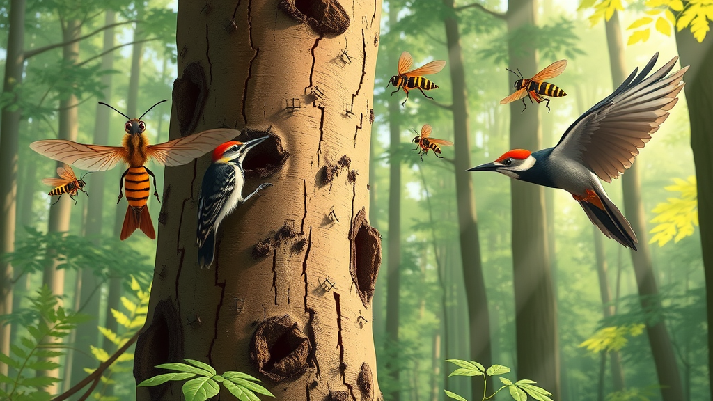 Cartoon illustration of parasitic wasps and woodpeckers controlling emerald ash borer on ash trees, highlighting biological pest management for preventing ash borer damage