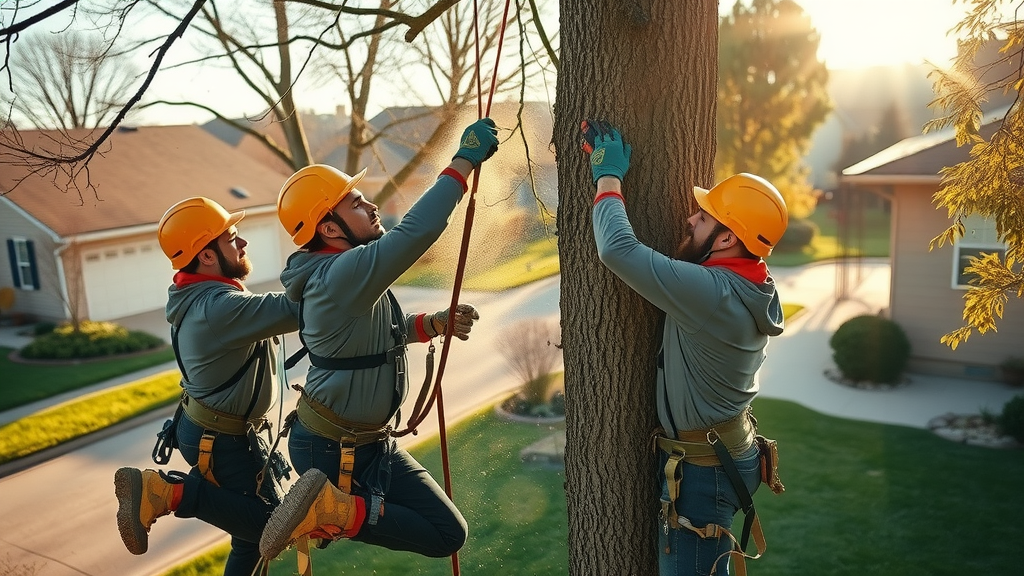 tree care crew performing tree trimming in Kansas City neighborhood with professional tools