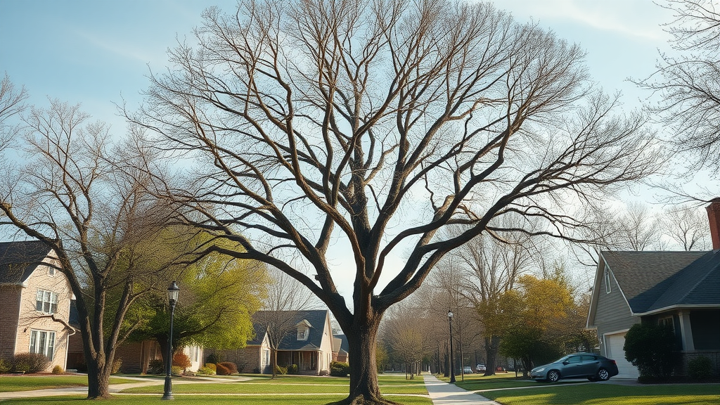 Devastated Kansas City ash tree damaged by emerald ash borer infestation, bark damage, sparse canopy
