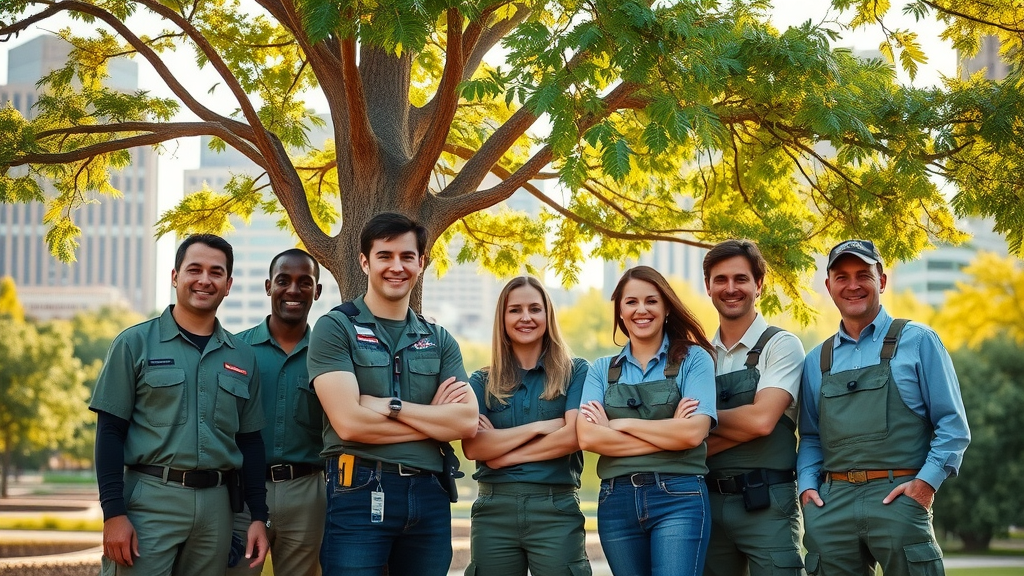 Diverse ISA certified arborists team standing beside healthy mature trees, Kansas City cityscape with urban park in background, photorealistic