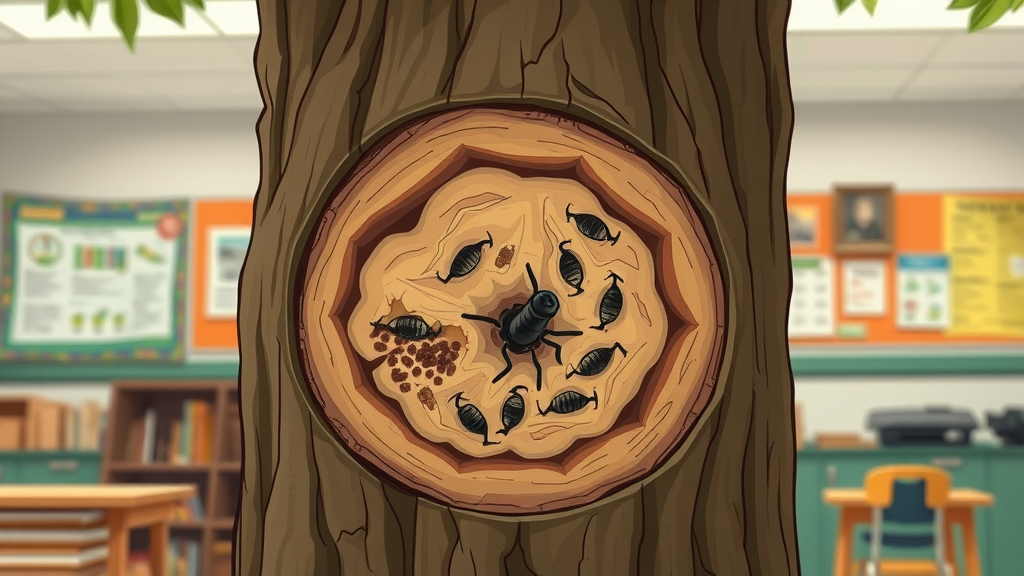 cross-section of ash tree showing emerald ash borer larvae tunnels, signs of infestation for ash borer insecticide treatments