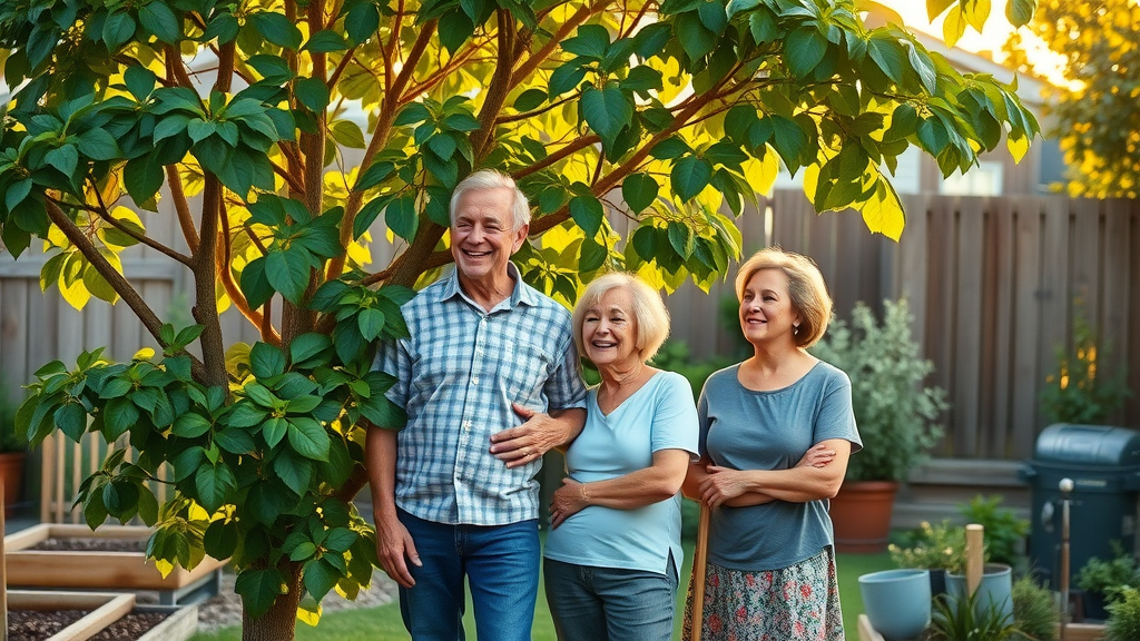 family standing next to a healthy, recently treated tree, Kansas City backyard, sunlight filtering through leaves, photorealistic