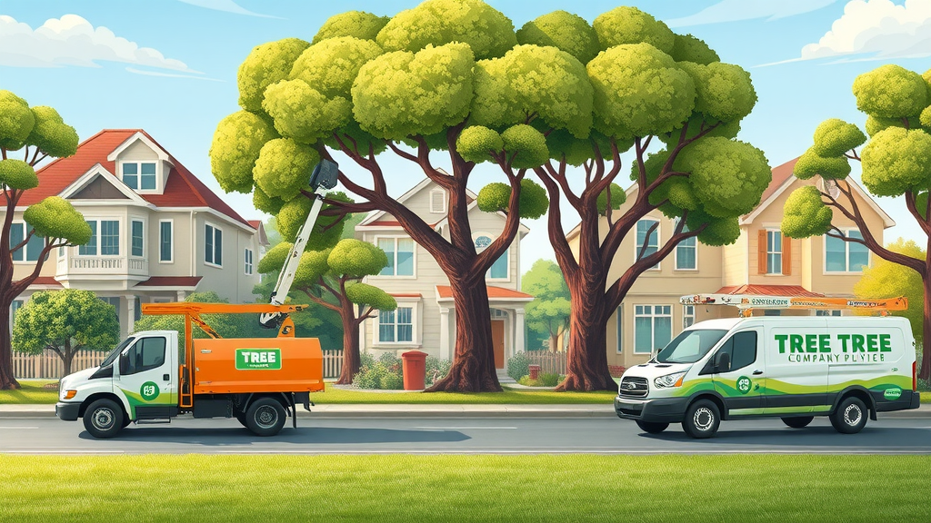 Comparative tree care company concept, three professional crews at work in different Kansas City neighborhoods with branded trucks and healthy trees