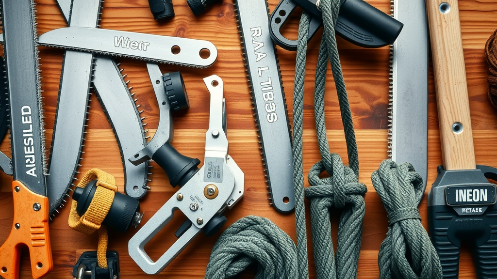 Close-up of professional arborist gear including saws, ropes, harness, and safety equipment for advanced tree services.