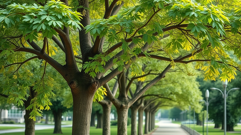 ash borer infestation symptoms: distressed ash tree with subtle leaf discoloration in an urban park setting, row of ash trees along a path, faint yellowing at canopy