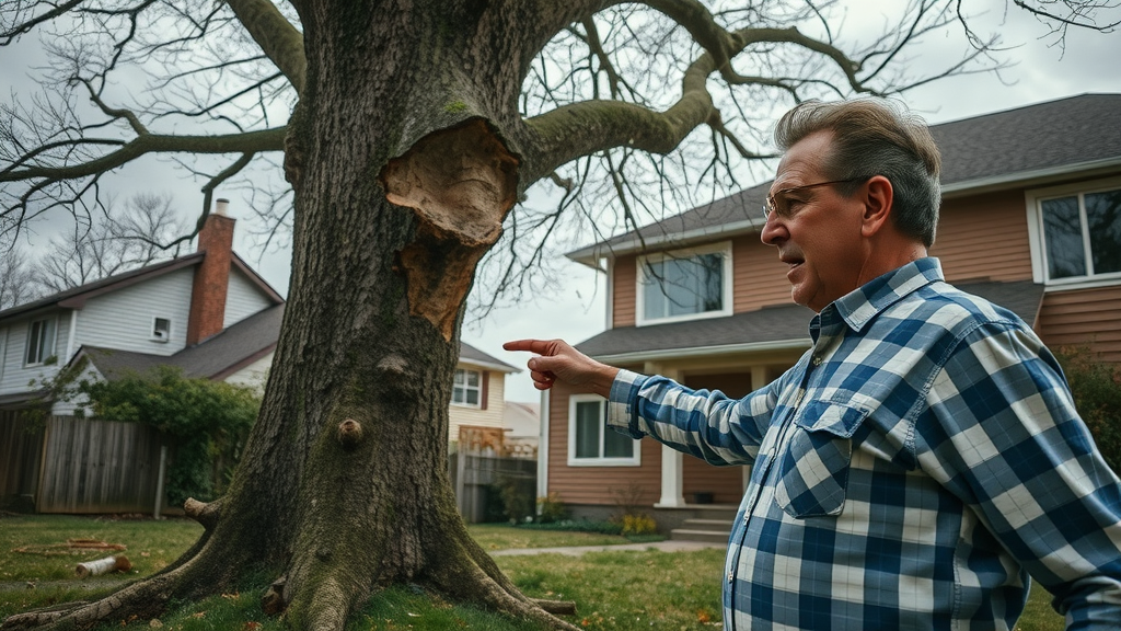 Hazardous tree with visible crack near house during Kansas City storm, homeowner seeking tree risk assessment
