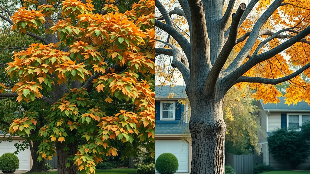 Split comparison of healthy and emerald ash borer-infested ash tree in neighborhood, showing canopy and bark condition