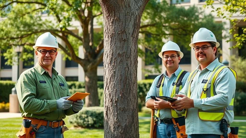 professional arborist team conducting tree assessment Kansas City municipal building green spaces, highly detailed, using tools and safety gear