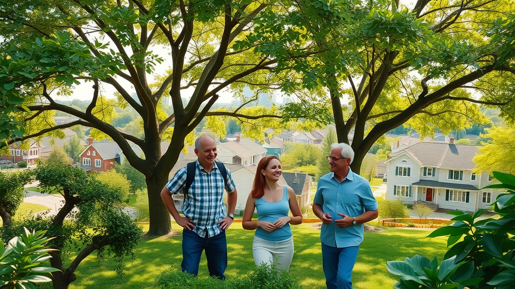 Professional arborist Kansas City - lush urban Kansas City landscape with healthy mature trees, cheerful homeowners, city skyline in the background, natural sunlight, lifelike texture