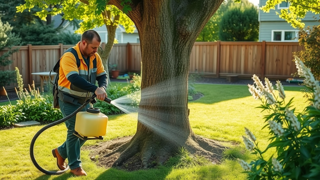 Arborist and homeowner applying systemic insecticide to protect ash tree from emerald ash borer lifecycle