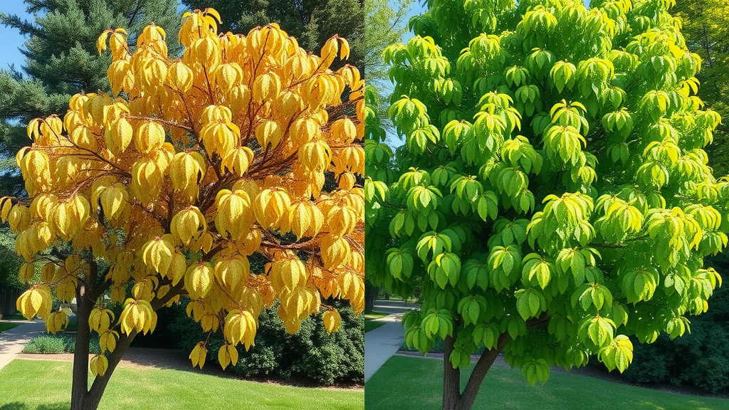 contrasting healthy vs. unhealthy Kansas City tree, yellowing leaves and stunted growth beside a green robust neighbor, photorealistic, suburban yard background
