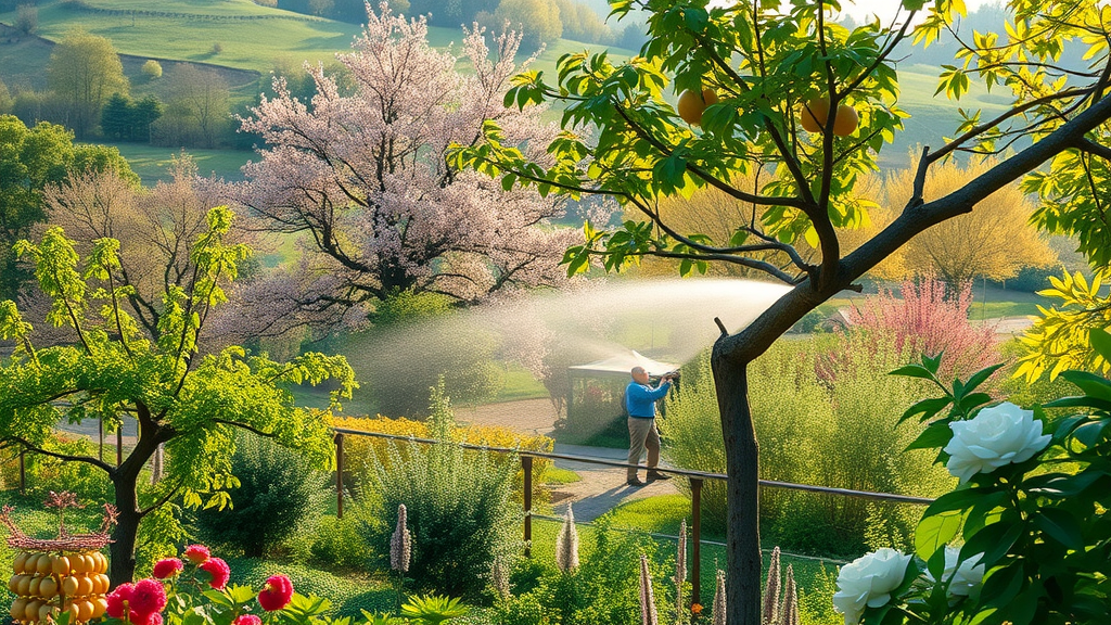 Serene garden with fruit and ornamental trees receiving environmentally safe tree spraying, healthy foliage, beneficial insects, people gently spraying, soft sunlight in spring