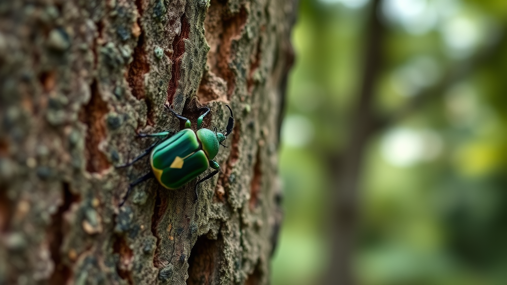 Threatening emerald ash borer beetle on tree bark with visible infestation signs in a Kansas City park, contrasting healthy and infested trees