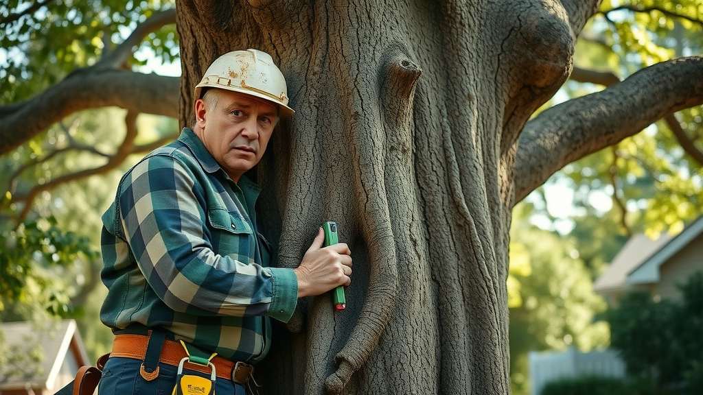 certified arborist inspecting mature city tree in Kansas City for preservation and protection