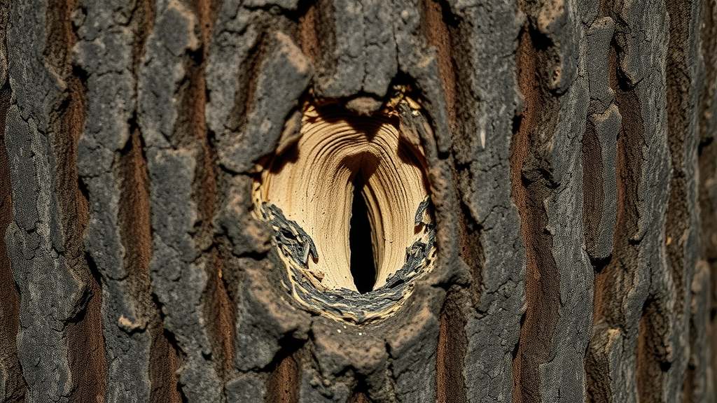 D-shaped exit hole on ash tree bark, sign of emerald ash borer infestation, with rough bark and sawdust