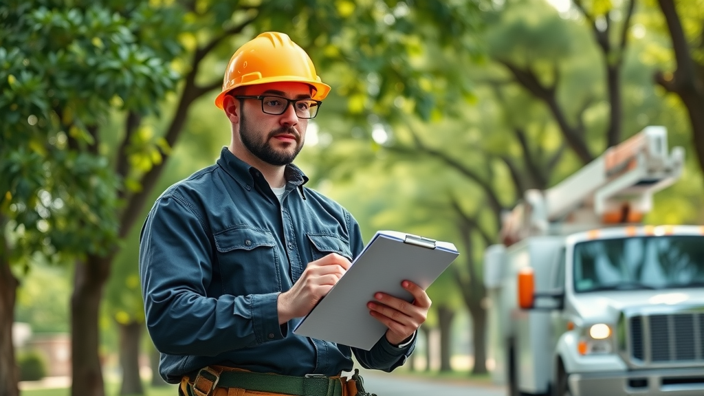 ISA certified arborist professionally evaluating trees and consulting on Kansas City suburban street.