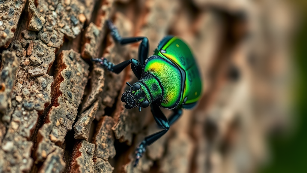 Striking closeup of an emerald ash borer beetle on rough ash tree bark, highlighting preventing ash borer damage