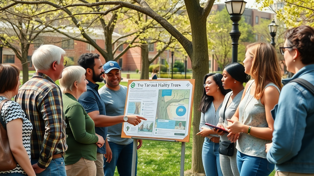Kansas City tree disease identification - community group collaborating to inspect mature healthy trees, urban park backdrop