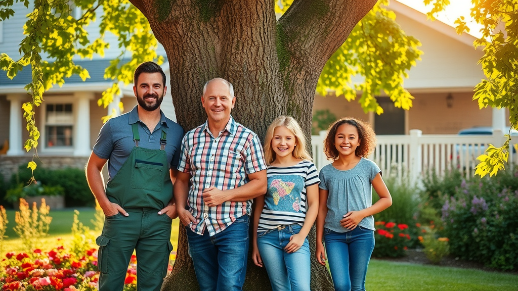 Happy family with professional arborist and healthy tree in Kansas City; customer satisfaction tree care