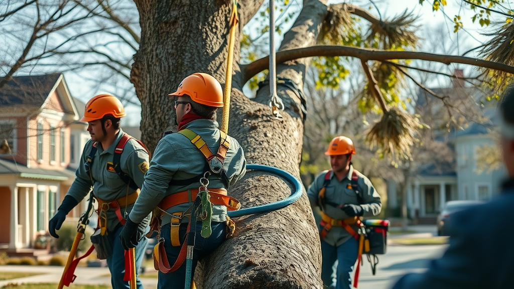 Kansas City tree removal experts safely managing storm-damaged tree removal near urban homes, using advanced harnesses and equipment.