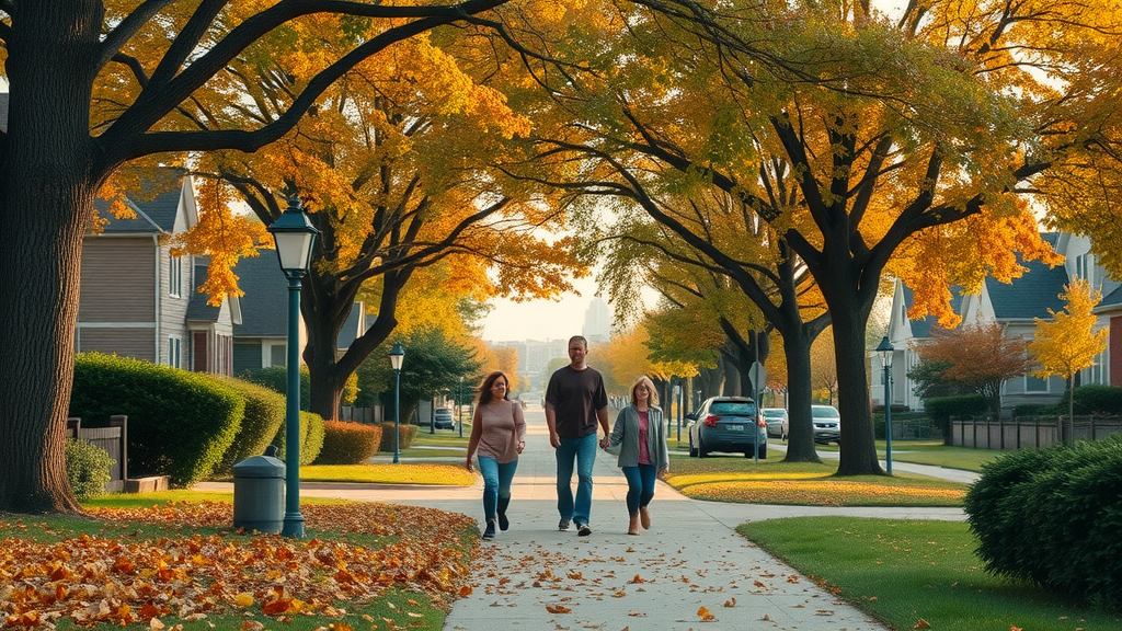 Common tree diseases in Kansas City: mature oak, elm, and pine trees in a vibrant midwestern residential neighborhood with Kansas City skyline in the distance