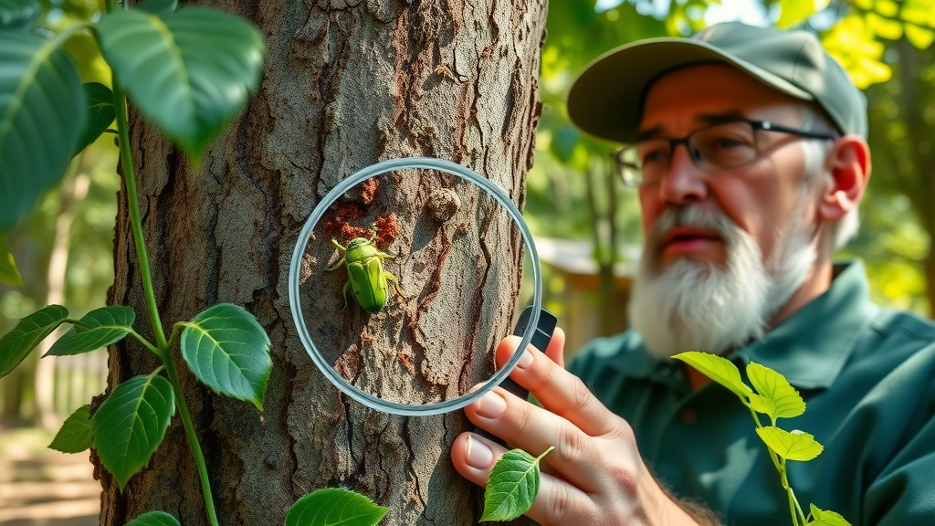 Emerald Ash Borer on tree trunk, close-up, arborist marking infestation, pest control, tree injection, photorealistic backyard