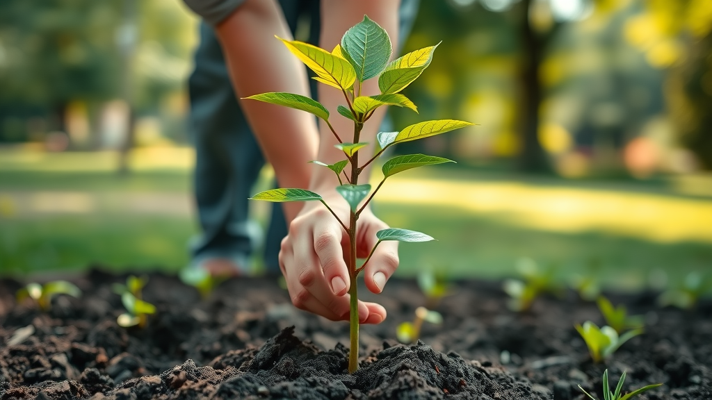 Planting a tree: young sapling with healthy vibrant leaves being planted by a gardener in a lush park