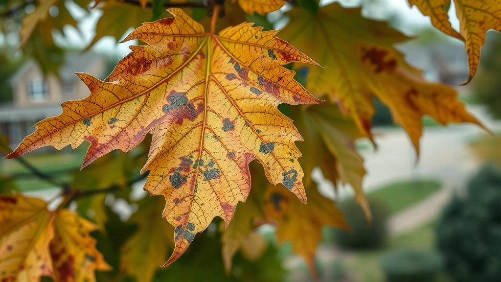 Close-up of diseased tree leaves showing yellowing and browning, suburban Kansas City
