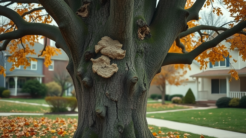 mature oak tree with visible fungal growth and decay in a Kansas City suburban neighborhood, autumn leaves, photorealistic