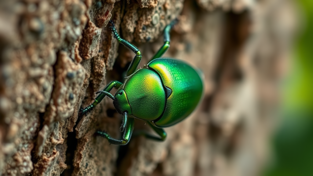 Emerald ash borer beetle on Kansas City ash tree bark, metallic green, close-up detail