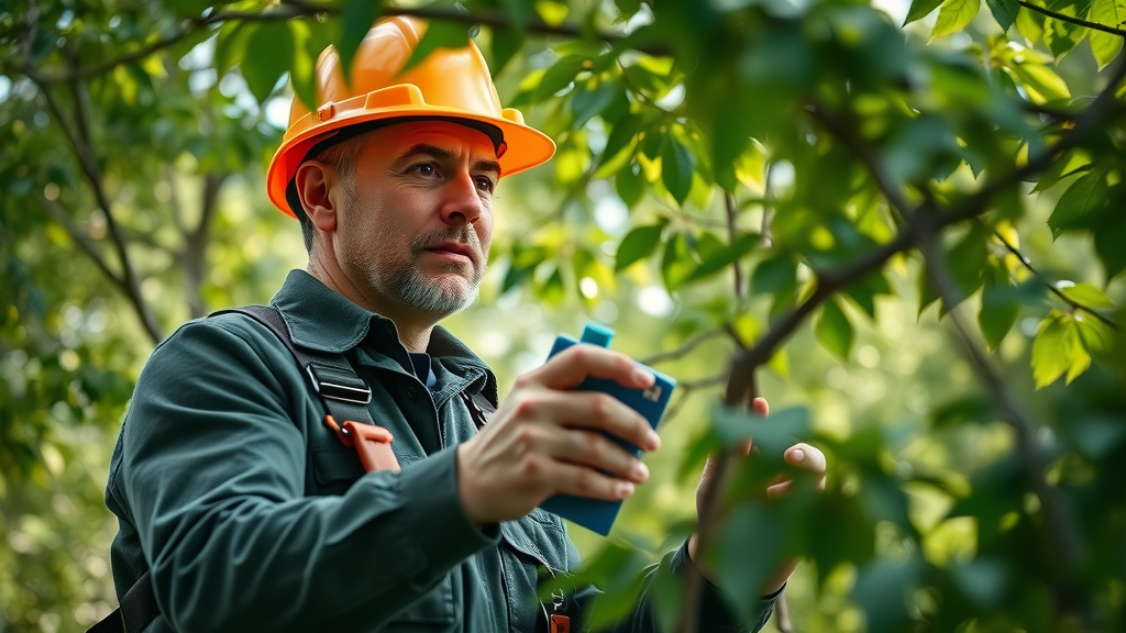 ISA Certified Kansas City arborist assessing tree health with professional tools in local park