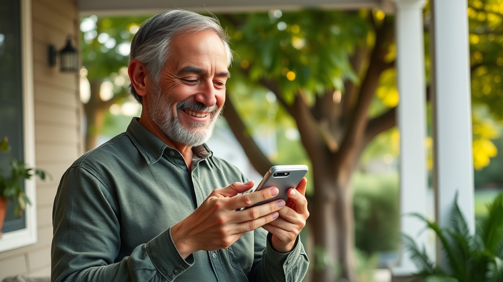 smiling homeowner scheduling tree care service, tree spraying services Kansas City, healthy landscape, smartphone appointment