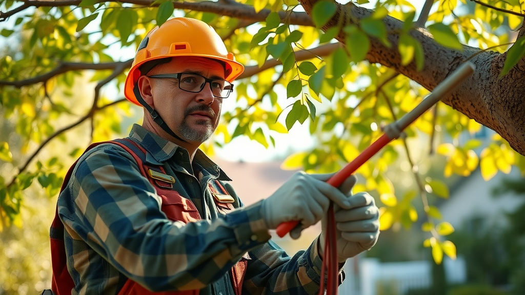 Certified arborist examining tree canopy summer Kansas City seasonal tree health check Kansas City