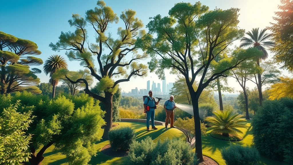 Pest control professionals spraying healthy trees in a Kansas City urban park with skyline in background.