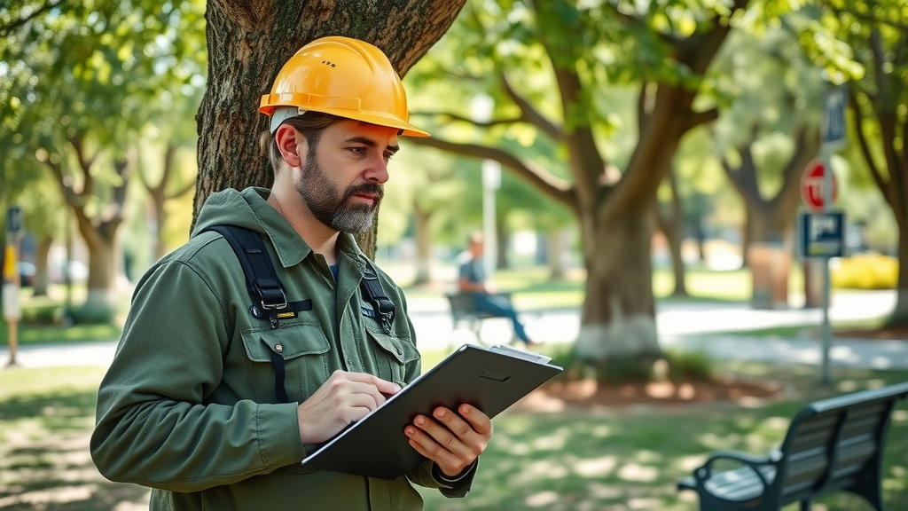 ISA certified arborist performs annual tree inspection KC on mature urban ash tree