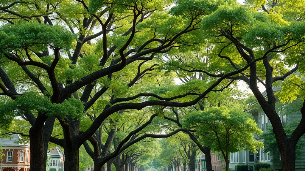 Lush, mature urban tree canopy in Kansas City neighborhood, healthy leaves and sturdy trunks, thriving environment, city park background, children playing, birds in trees, photorealistic