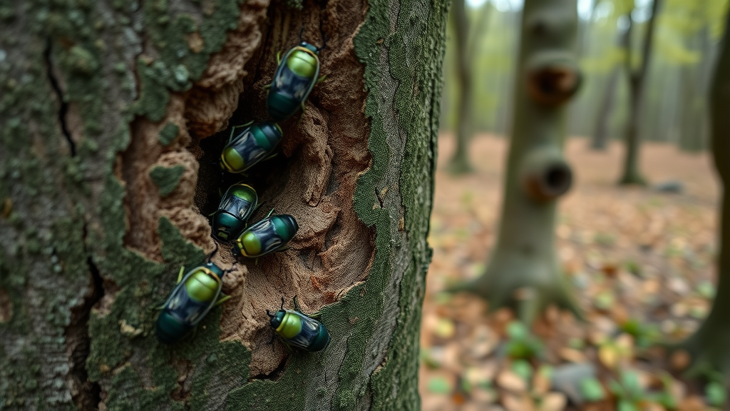 emerald ash borers infesting ash tree bark and wood damage, fast-acting ash borer insecticide treatments required