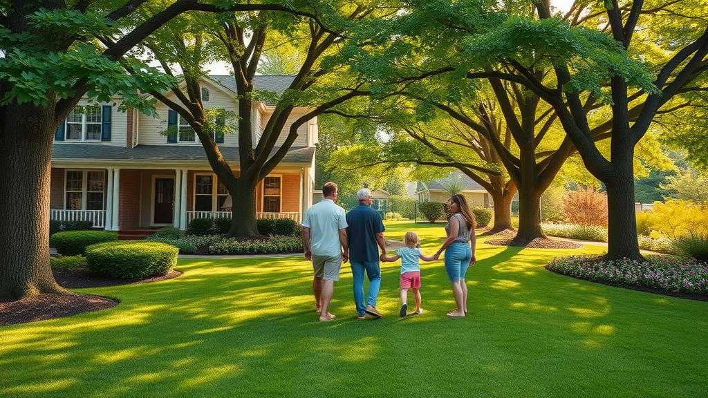 peaceful Kansas City home, beautifully landscaped yard with mature healthy trees, Photorealistic High Fidelity Lifelike, leafy green lawn, calm family admiring their garden