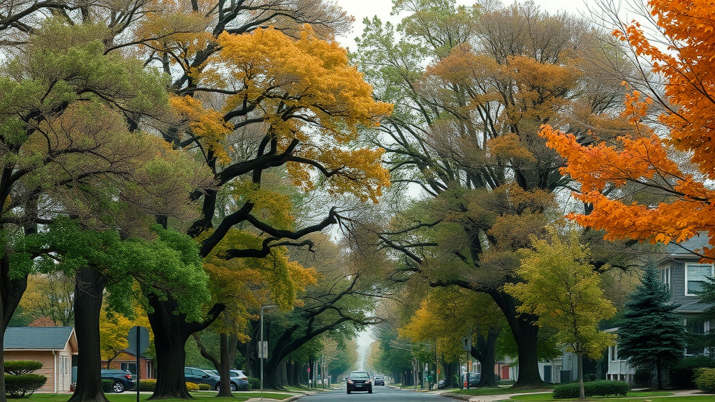 Kansas City tree diseases: neighborhood lined with oak, elm, ash, pine, and maple trees—some with disease symptoms