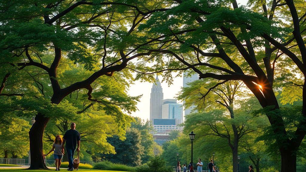 Kansas City lush park canopy, healthy mature trees and public enjoying vibrant green space with iconic city skyline in distance.