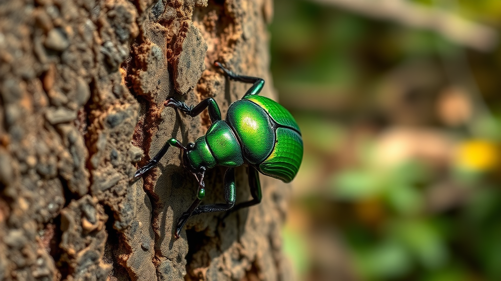 emerald ash borer beetle: alert, metallic green beetle crawling on tree bark in forest