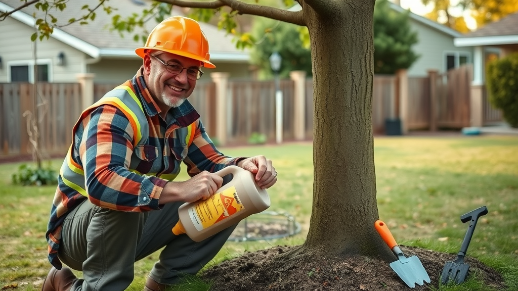 homeowner applying soil drench insecticide for ash borer on ash tree, using safe and correct method