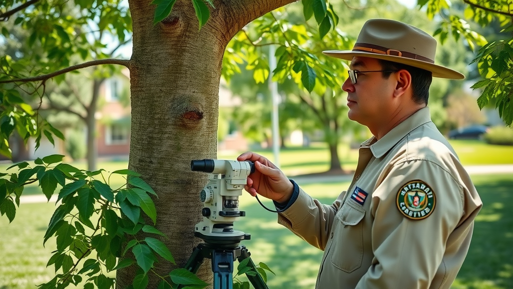 Certified arborist in Kansas City examining tree health with scientific instruments in a park setting