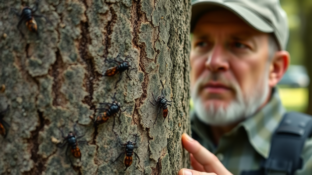 Close-up of tree bark with visible insect pests, arborist inspecting, tree pest management, soil injection, photorealistic forested property