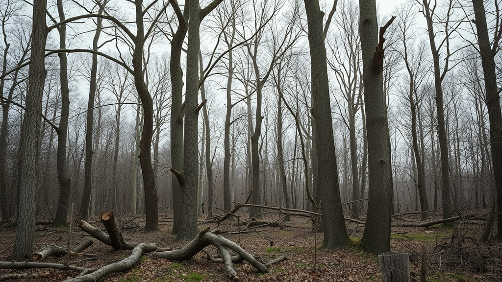 devastating forest landscape showing emerald ash borer infestation, ash trees with dying branches in North American forest
